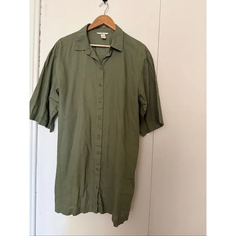 H&M Linen Blend Shirt Dress Olive Green Button Front Short Sleeve Women’s M
